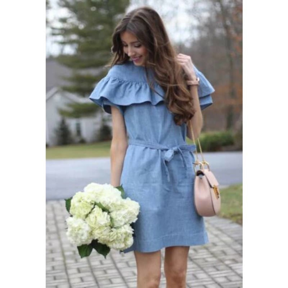 J. Crew Edie Ruffle Chambray Blue Belted Short Sleeve Dress, Size 2 Tall